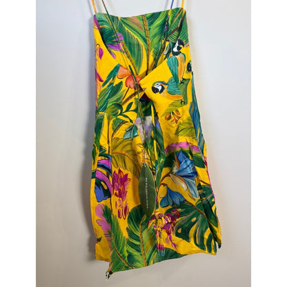 Farm Rio Yellow Tropical Parrot Linen Blend Lace Up Back Mini Dress NEW