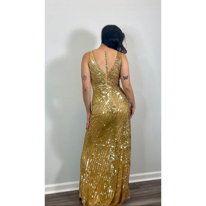 Mac‎ Duggal Gold Sequin Slit Gown Size 2