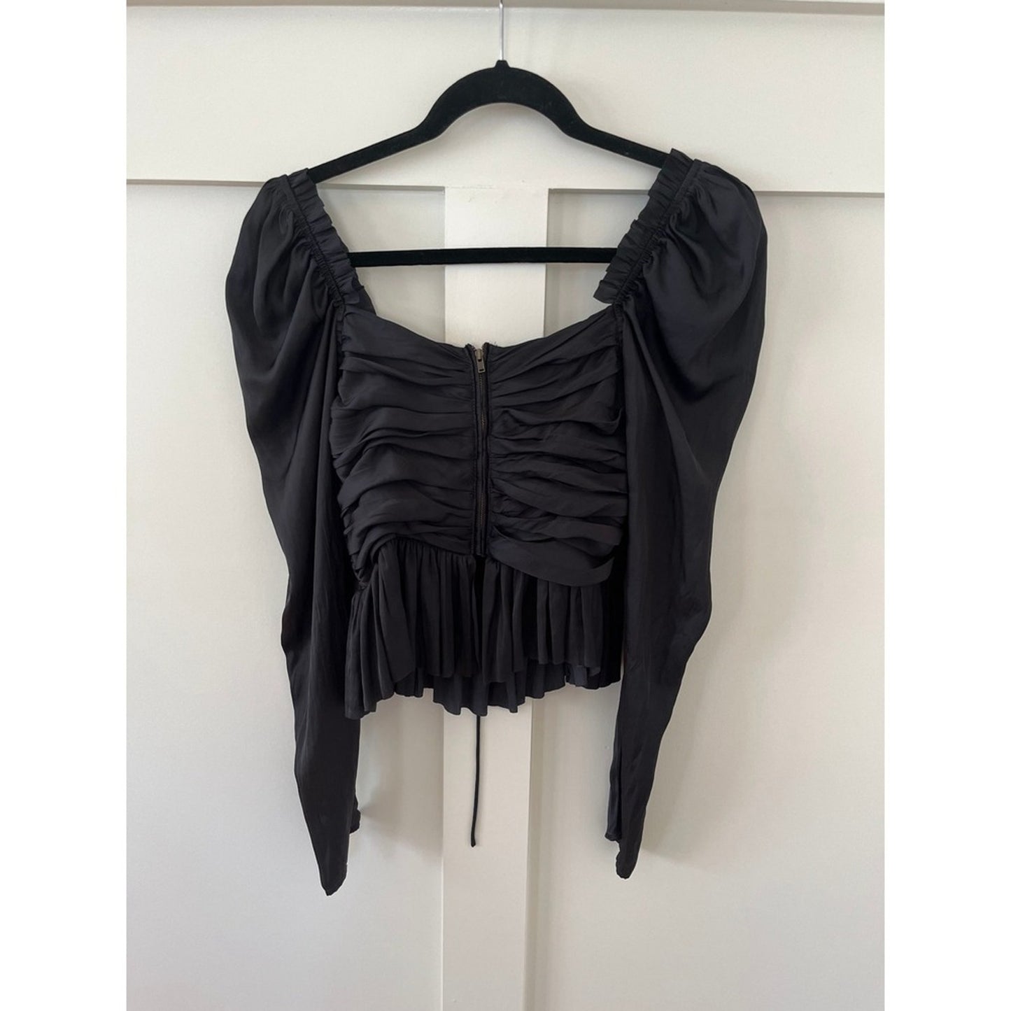 Ulla Johnson Black Ruched Puff Sleeve Square Neck Peplum Top Size 2