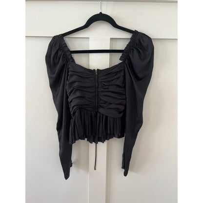 Ulla Johnson Black Ruched Puff Sleeve Square Neck Peplum Top Size 2