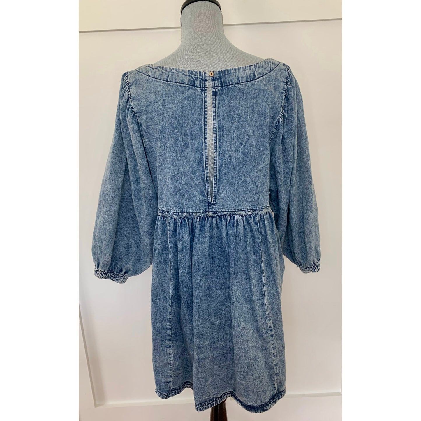 Free People Get Obsessed Denim Baby Doll Dress in Blue Medium 3/4 Sleeve Cotton