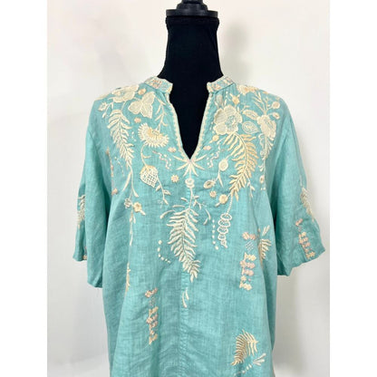 Johnny Was Sidra Top in Marine Blue Small V-Neck Embroidered Floral Linen‎ Boho
