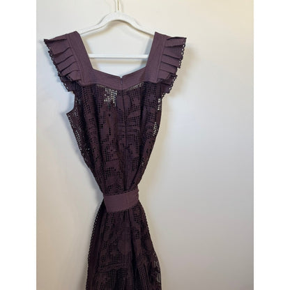 Farm Rio Chocolate Brown Lace Crochet Ruffle Midi Dress Square Neck Belted Boho