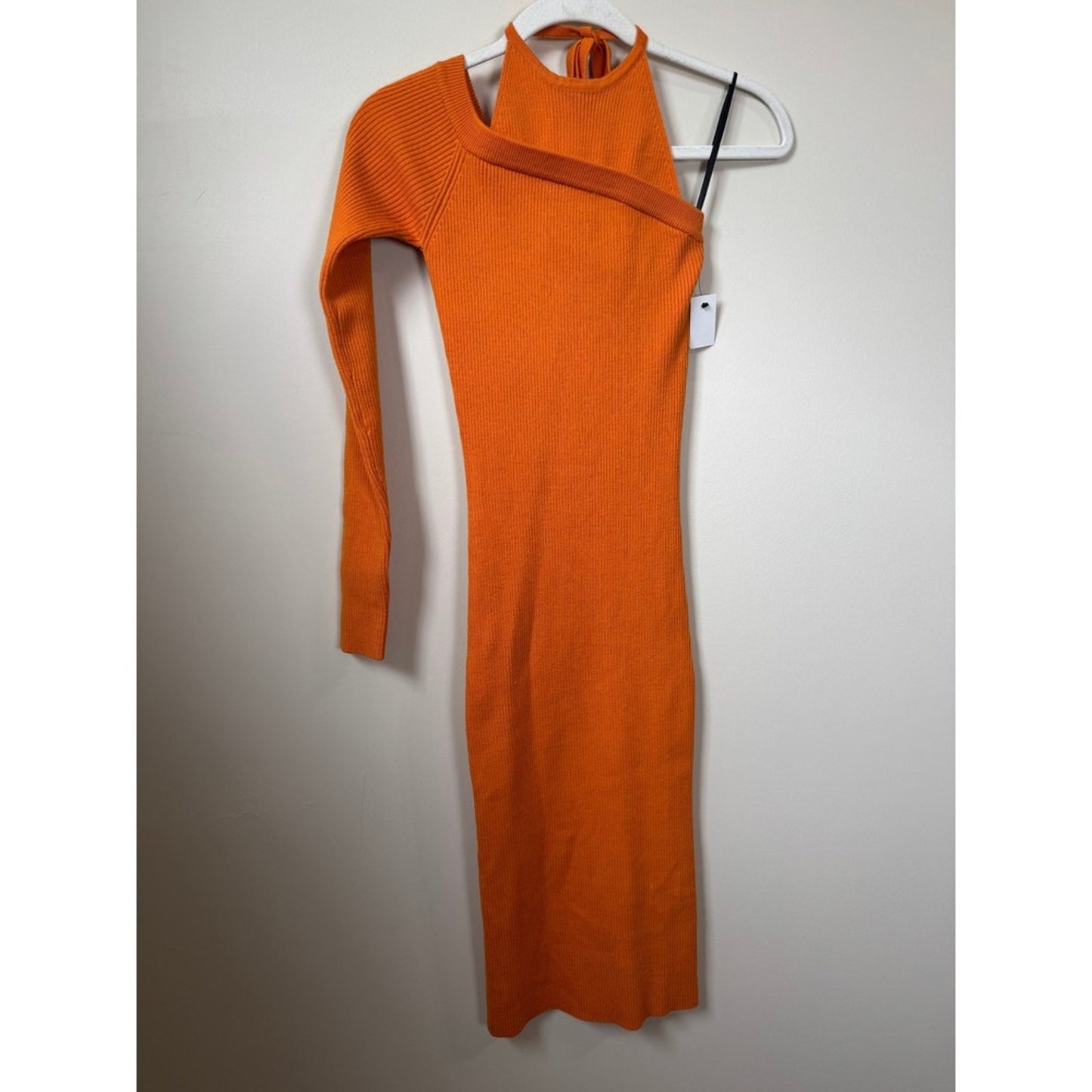 Monse Orange Asymmetrical Rib-Knit Merino Wool Midi Dress One Sleeve Halter XS