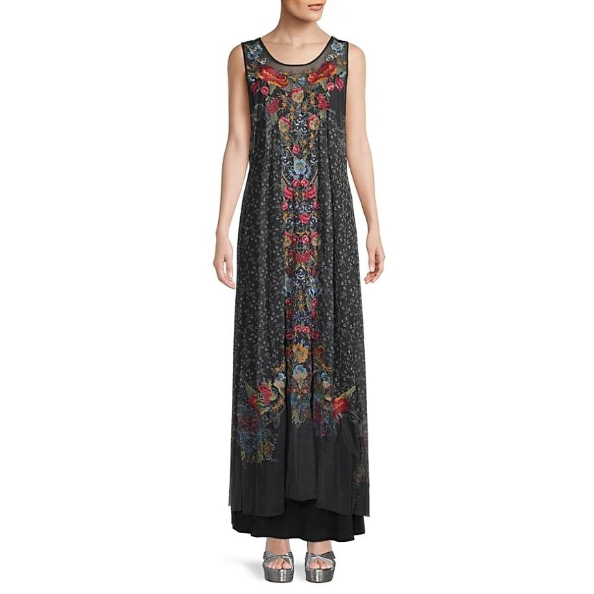Johnny Was Eleir Printed Mesh Maxi Dress Size XS Floral Sleeveless Embroidered