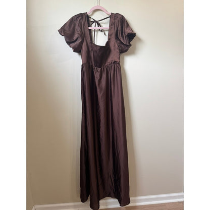 Show Me Your Mumu Brown Satin Puff Sleeve Maxi Dress Smocked Back Size Large