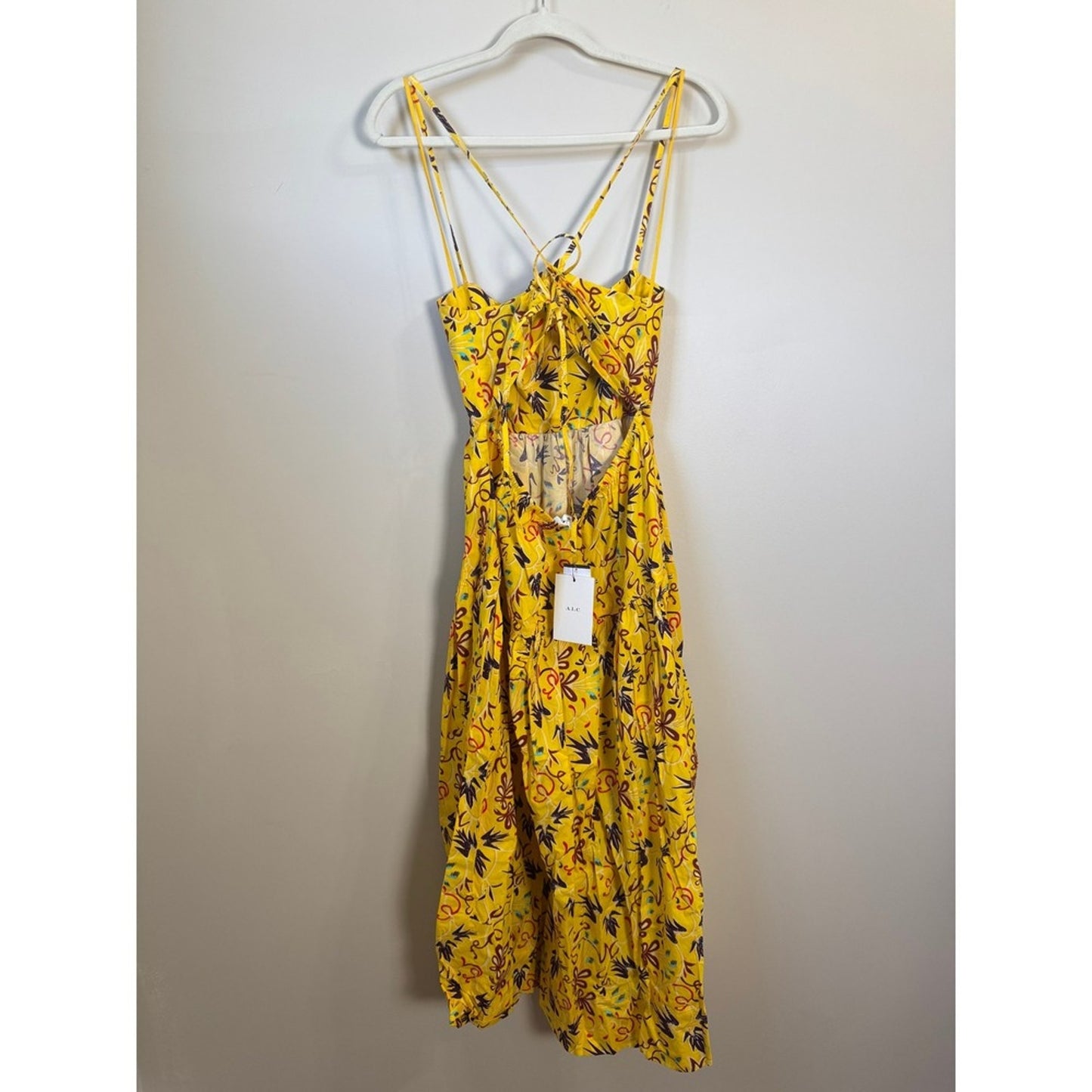 ALC Yellow Floral Ruched Tiered Open Back Midi Dress Womens