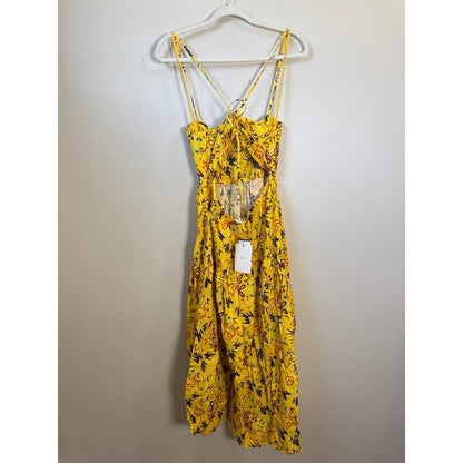 ALC Yellow Floral Ruched Tiered Open Back Midi Dress Womens