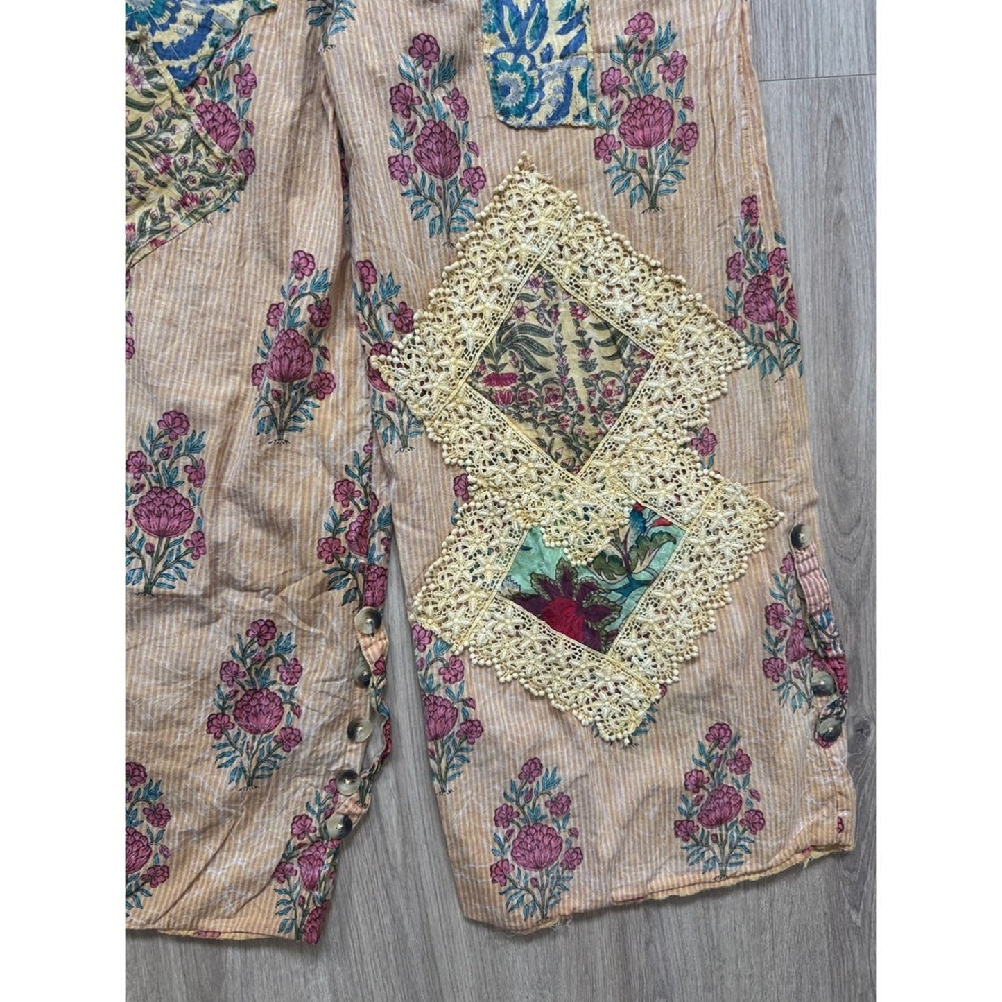 A Rare Bird Floral Patchwork Jacket and Wide Leg Pants Set Bohemian Peach