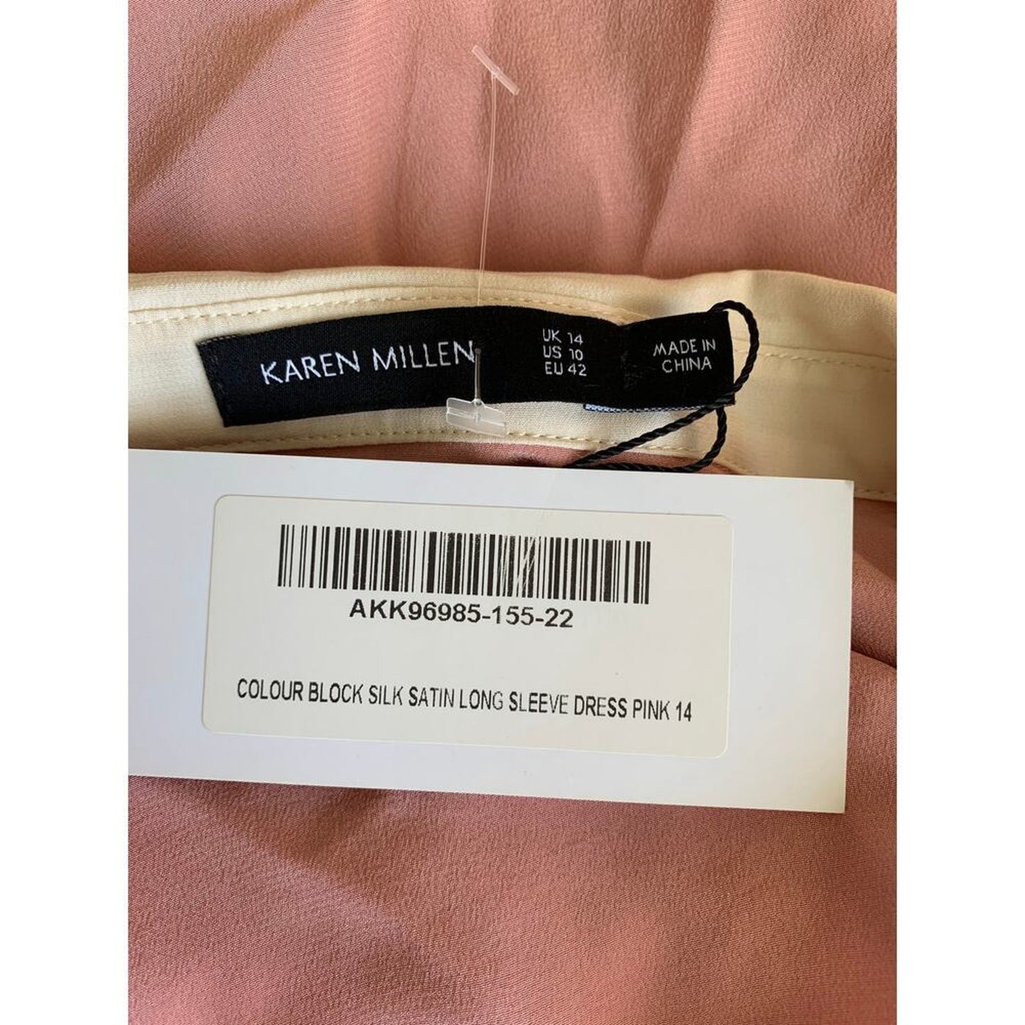 Karen Millen Colour Block Silk Satin Long Sleeve Dress Pink Size 14 Button Front