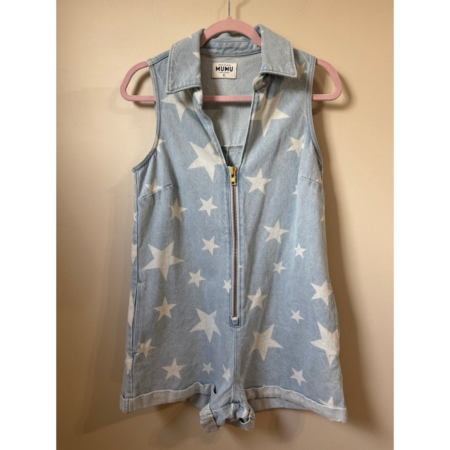 Show Me Your Mumu Star Print Denim Romper Light Wash Sleeveless Zip Front Small