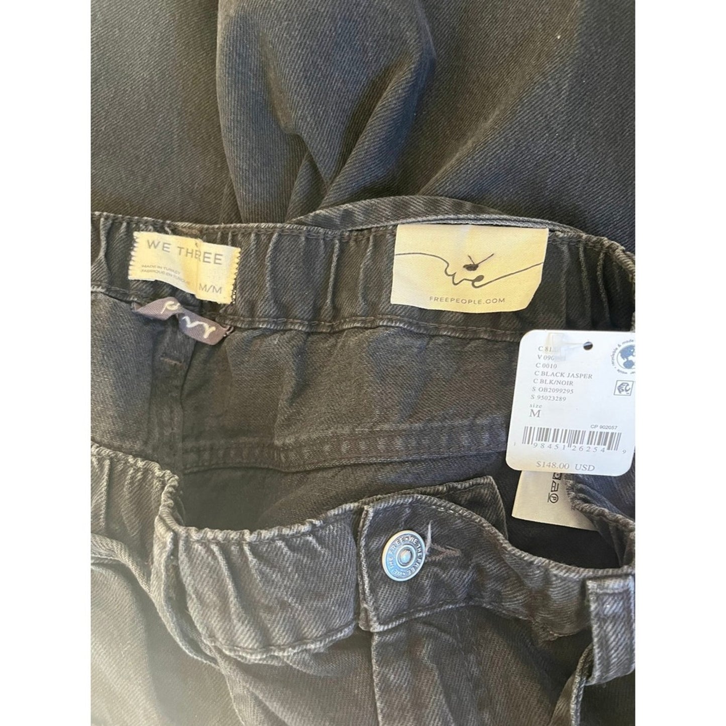 Free People Wide Leg Cargo Pants Black Denim Elastic Waist M