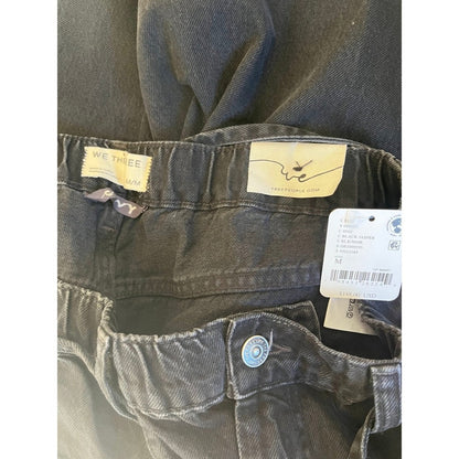 Free People Wide Leg Cargo Pants Black Denim Elastic Waist M