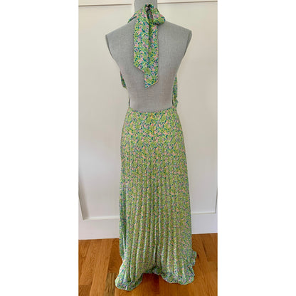 By Timo Plisse Halterneck Maxi Dress in Green Garden Large Floral Lined Party