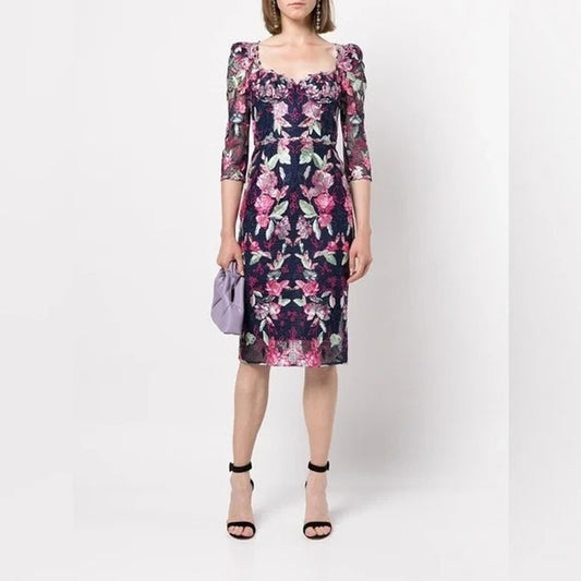 Marchesa Notte Embroidered Sheath Floral Dress Navy/Pink Size 6