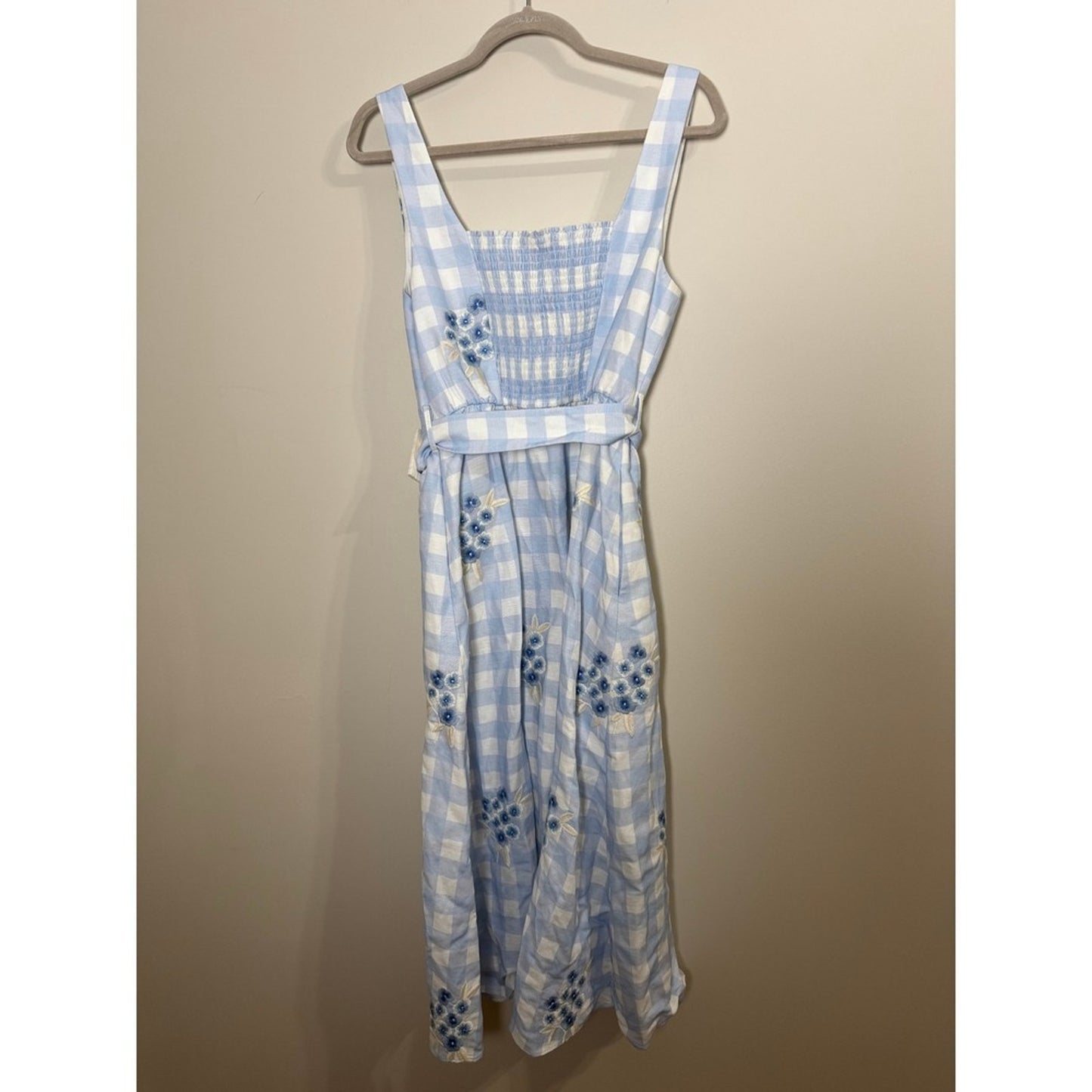 Sachin & Babi Bryce Blue Gingham Floral Embroidered Belted Midi Dress Size 8 NEW