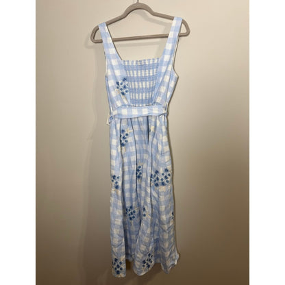 Sachin & Babi Bryce Blue Gingham Floral Embroidered Belted Midi Dress Size 8 NEW