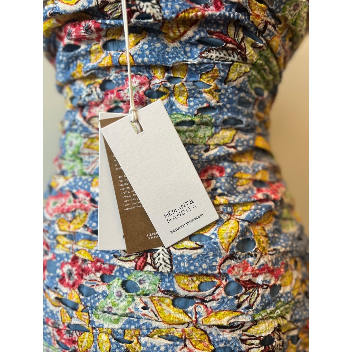 Hemant and Nandita Preet Midi Dress in Blue Medium Floral Eyelet Strapless Lined