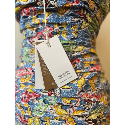 Hemant and Nandita Preet Midi Dress in Blue Medium Floral Eyelet Strapless Lined