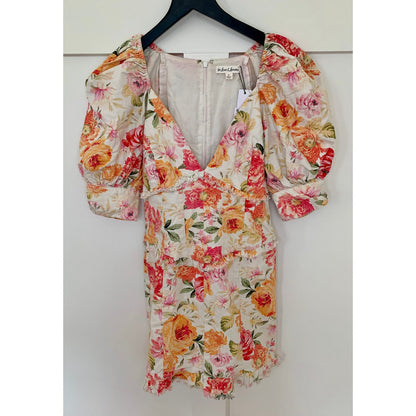 For Love & Lemons Julep Mini Dress in Coral Small Floral Short Sleeve Ruffle