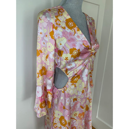 Maje Flower Power Print Satin Dress Size 40 Knee Length Long Sleeve Tasseled