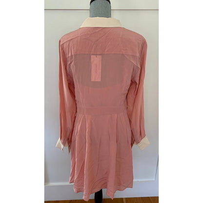 Karen Millen Colour Block Silk Satin Long Sleeve Dress Pink Size 14 Button Front