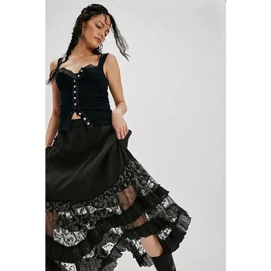 Free‎ People Ashlyn Maxi Layered Skirt Black Size XS