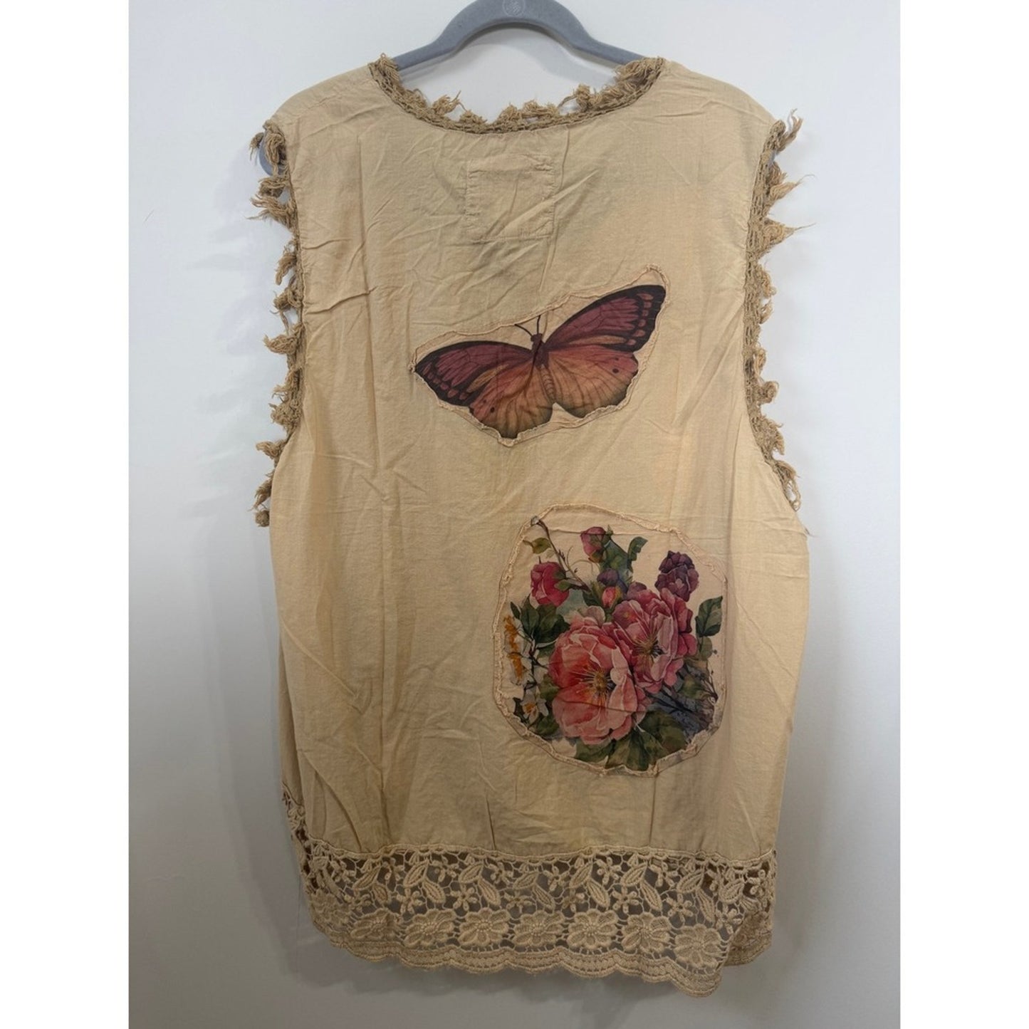 A Rare Bird Tan Bird Floral Butterfly Crochet Lace Trim Frayed Boho Top