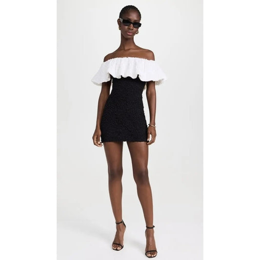 Show Me Your Mumu Anita Mini Dress Black White Textured Off Shoulder  Large