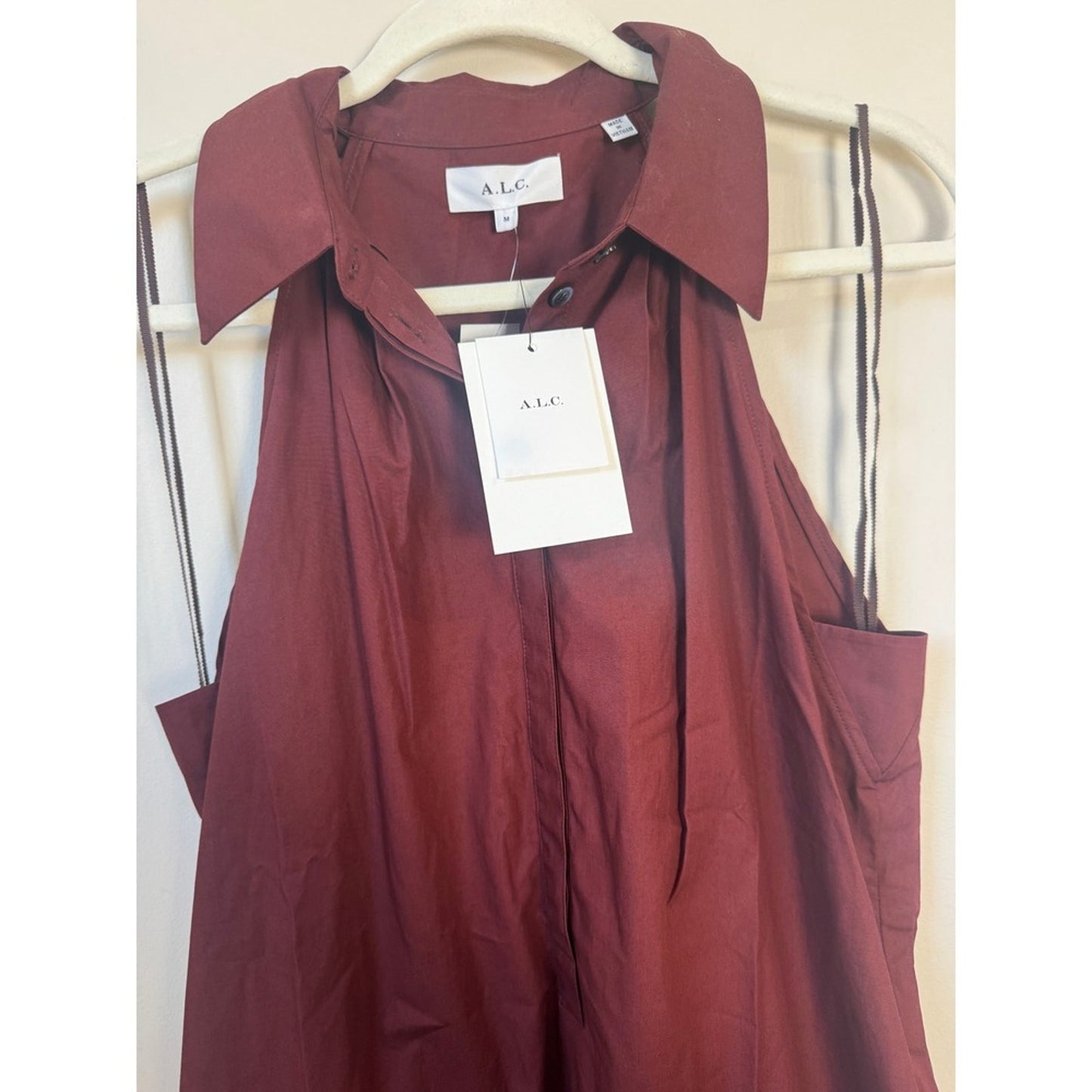 ALC Burgundy Cotton Poplin Halter Midi Dress Sleeveless Drop Waist Pocket Red M