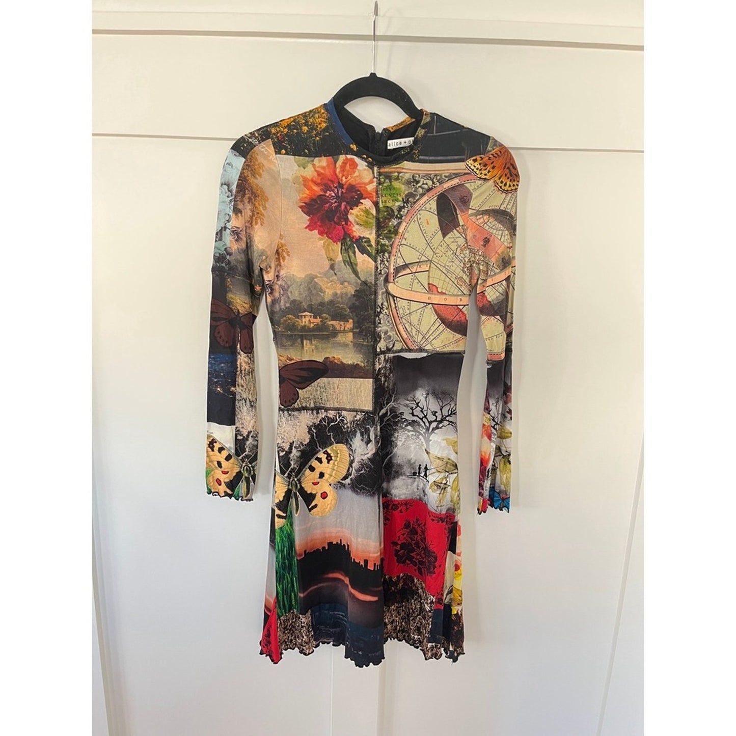 Alice + Olivia Delora Collage Print Long Sleeve Mesh Dress