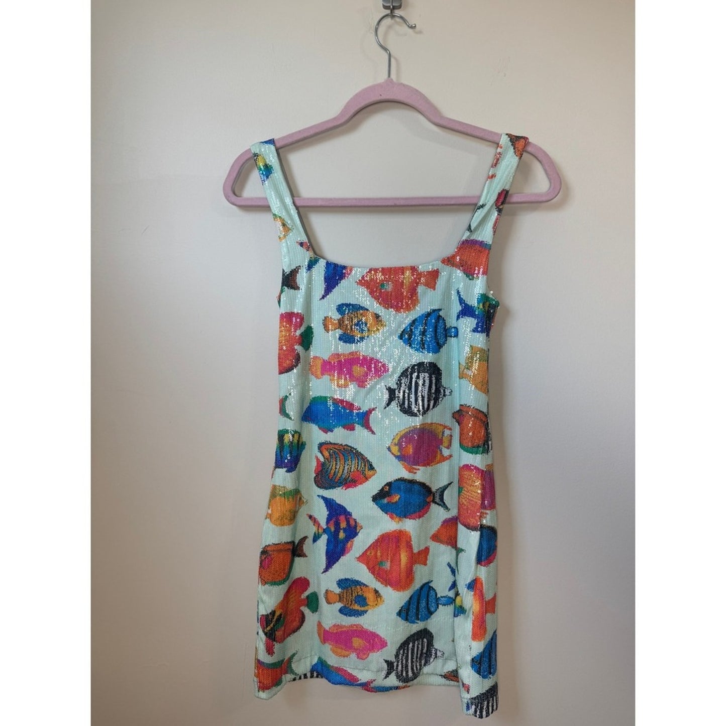 Show Me Your Mumu Tropical Fish Sequin Mini Dress Mint Green XS Square Neck