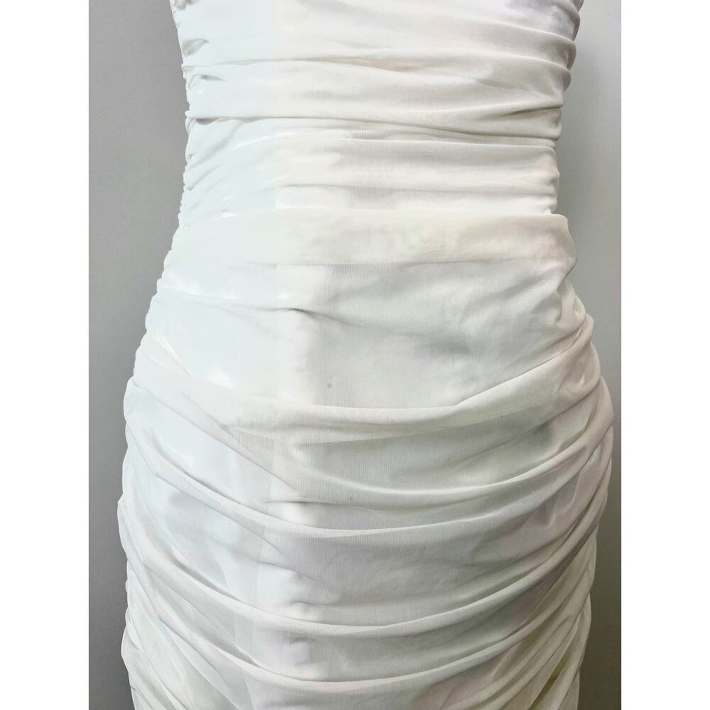 Majorelle‎ Ursula Mini Dress in White Medium Asymmetrical Strapless Ruched Mesh