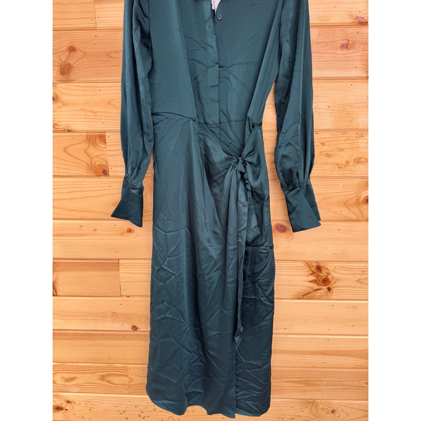 SIMKHAI Jonathon Simkhai Samba Wrap-effect Satin Midi Shirt Dress in Emerald Size 2