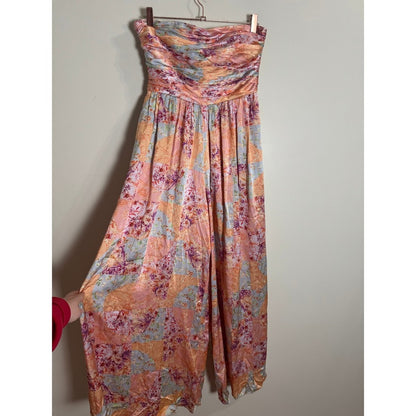 AMUR Strapless Wide Leg Jumpsuit Floral Patchwork Ruched Bodice Pink Size 6