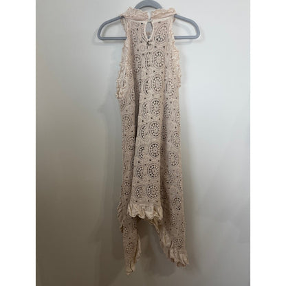 Jaded Gypsy Crochet Lace Ruffle High Neck Tunic Top Beige Sleeveless Lagenlook