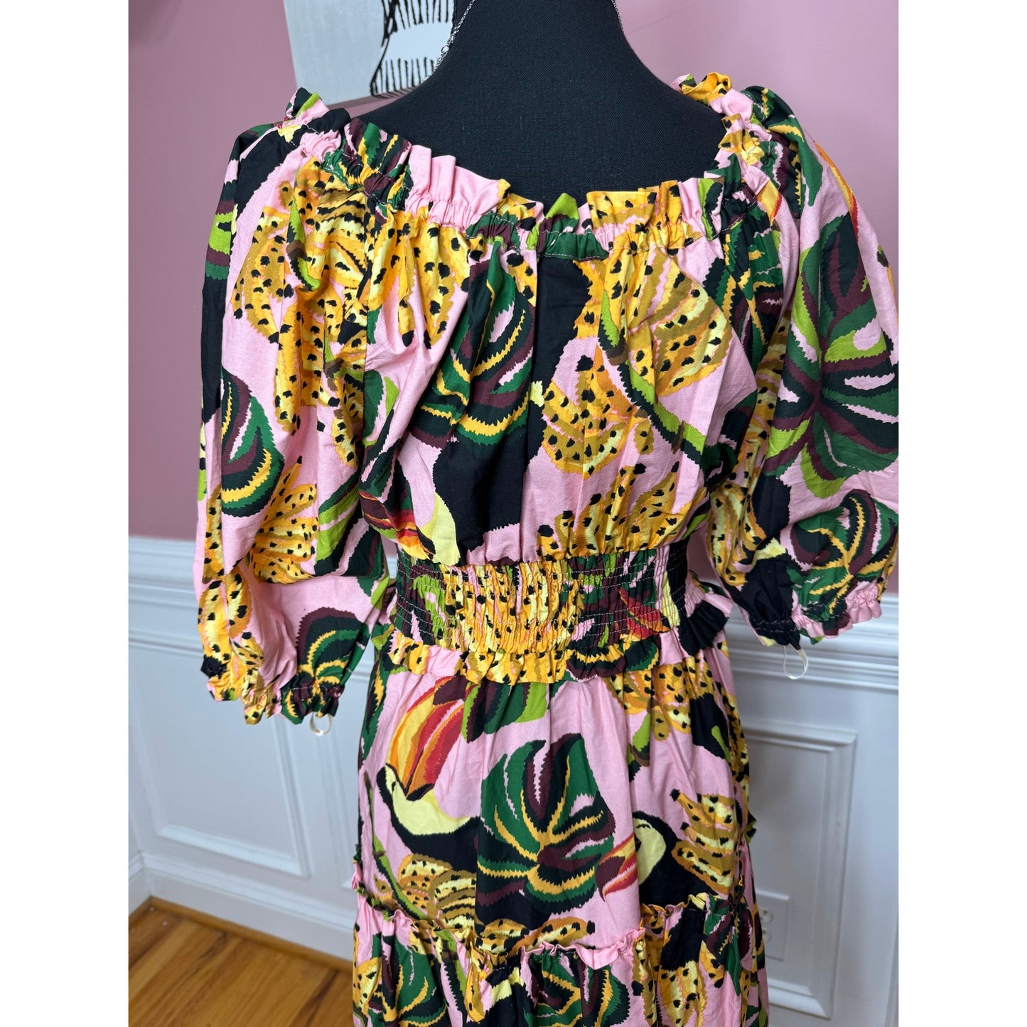 Farm Rio The Pink Toucananas Maxi Dress Size XS Graphic Print 3/4 Sleeve Cotton