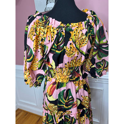 Farm Rio The Pink Toucananas Maxi Dress Size XS Graphic Print 3/4 Sleeve Cotton