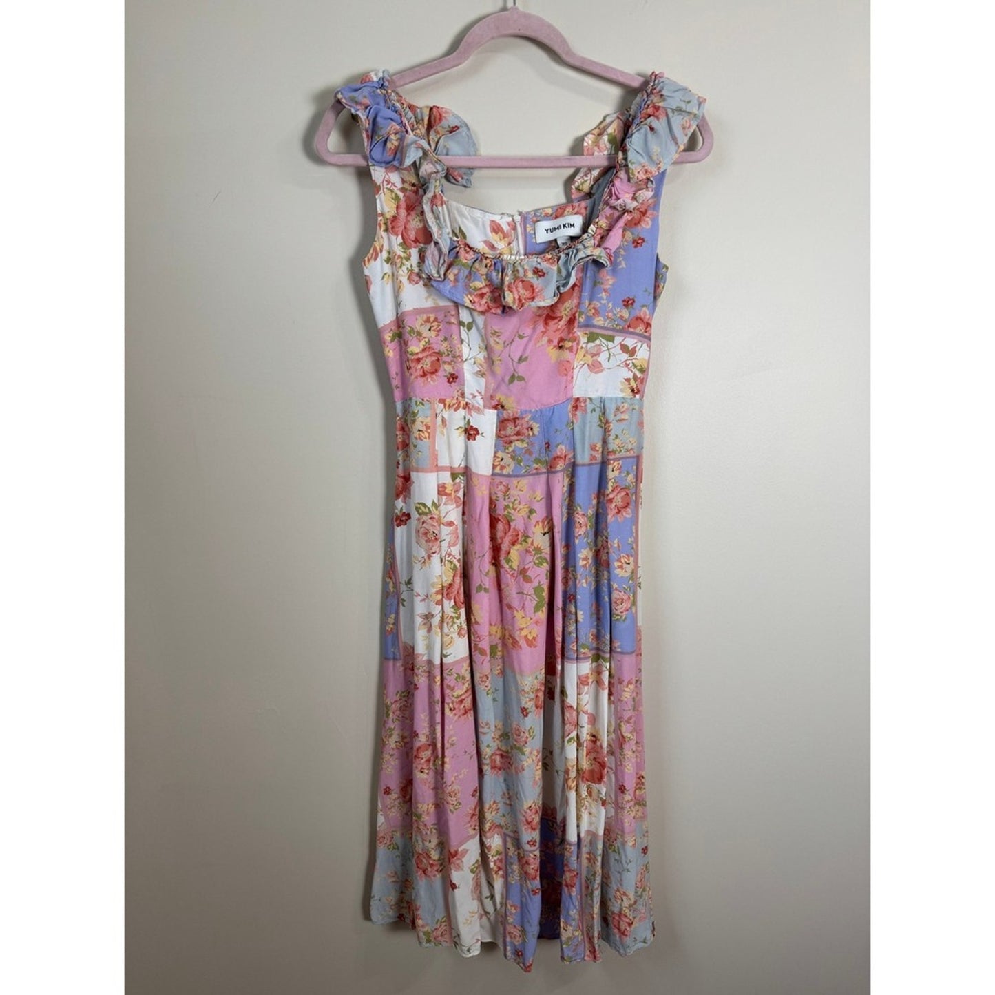 Yumi Kim Floral Patchwork Ruffle Midi Dress Pastel Pink Blue XS Garden Party