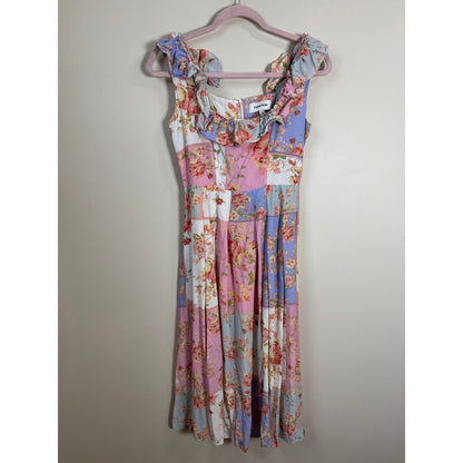 Yumi Kim Floral Patchwork Ruffle Midi Dress Pastel Pink Blue XS Garden Party