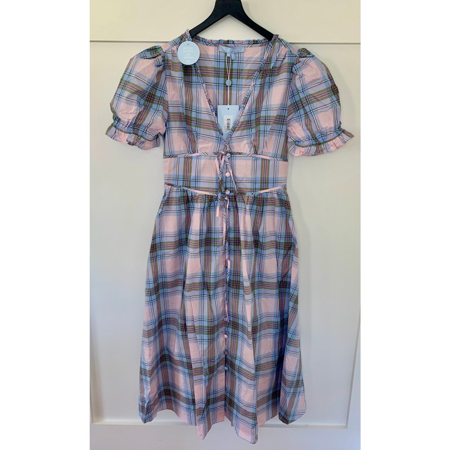 Hill House The Sabrina Dress Spring Plaid Medium Short Sleeve V-Neck Cotton