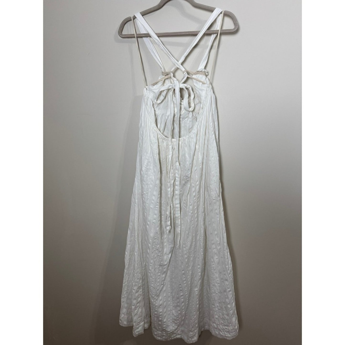Free People White Textured Midi Dress Bohemian Open Back Tie Straps Womens Large