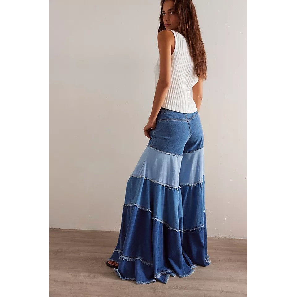 NEW Free People Dreamscape Tiered Denim Wide Leg Jeans Blue Size 31 Short