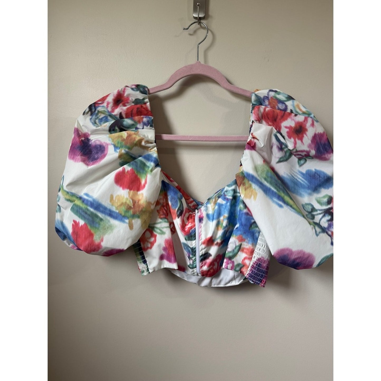 Amanda Uprichard Floral Puff Sleeve Crop Top Multi Color Square Neck Size L