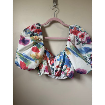 Amanda Uprichard Floral Puff Sleeve Crop Top Multi Color Square Neck Size L