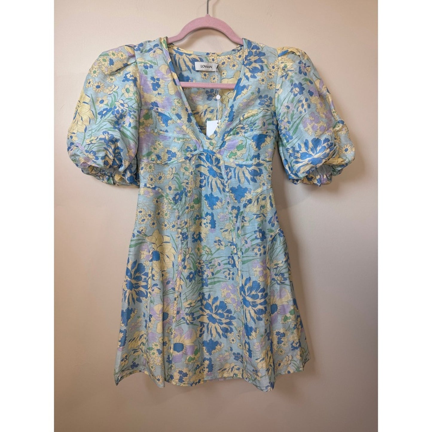 Lovaan Floral Puff Sleeve Mini Dress Blue Yellow V-Neck Summer Garden Party NEW