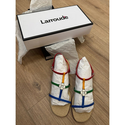 Larroude Hannah Flat Sandals Multicolor Patent Leather Strappy Floral Hardware