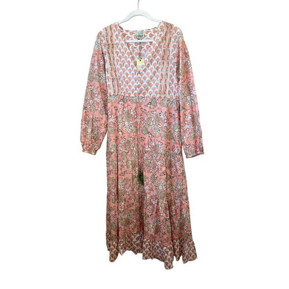 Jaded Gypsy Pink Floral Tiered Maxi Dress Tassel V Neck Long Sleeve S M