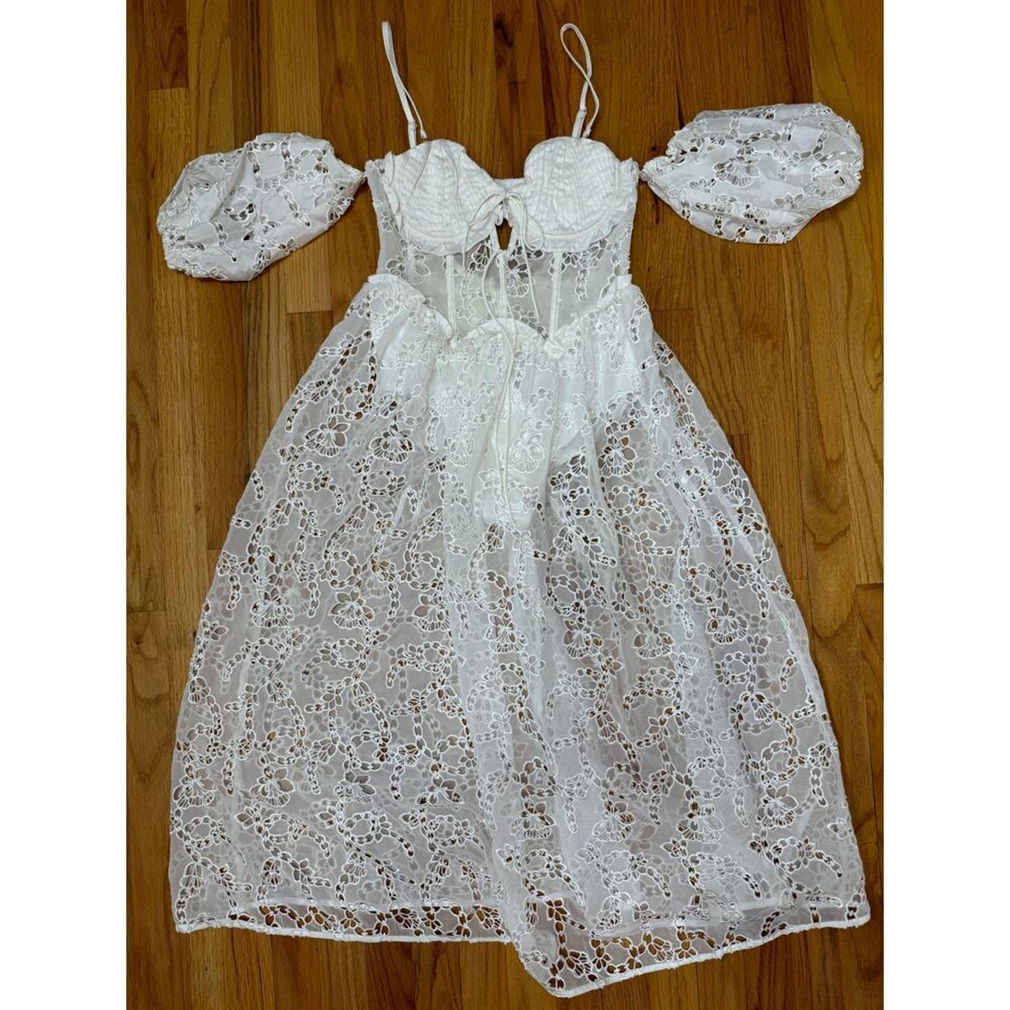 For Love & Lemons Romi Midi‎ Dress in White Small Floral Eyelet Puff Sleeve