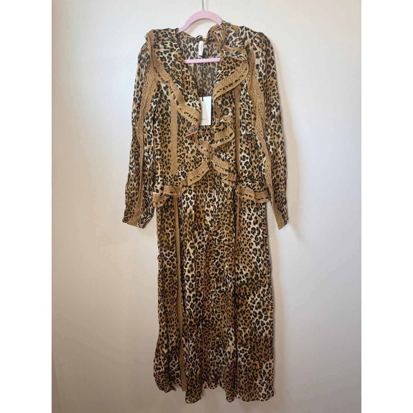 Spell Samantha Lace Gown Vintage Leopard Maxi Dress Ruffle Boho Animal Print L